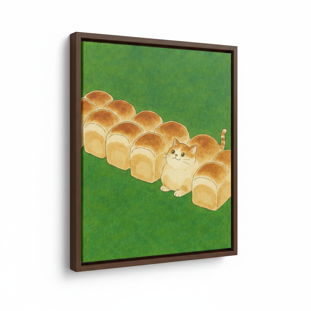 Angled view of framed Japanese cat illustration canvas with walnut wood frame on white background