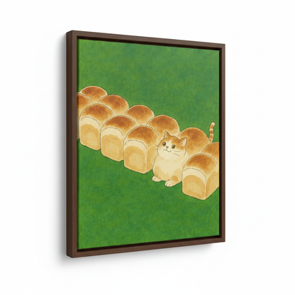 Angled view of framed Japanese cat illustration canvas with walnut wood frame on white background
