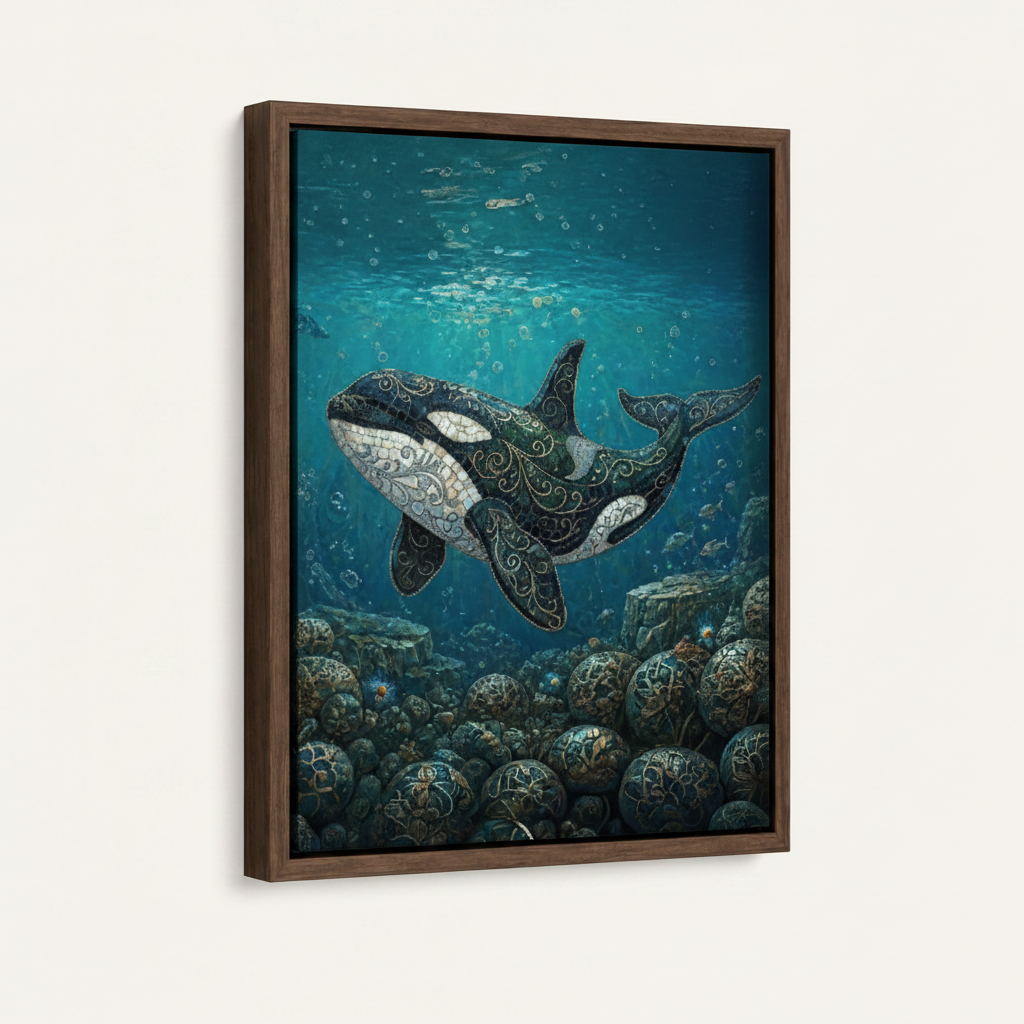 Float-framed mosaic orca canvas print in dark walnut frame on white background