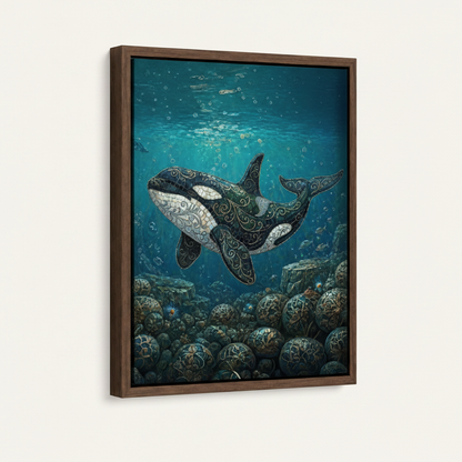 Float-framed mosaic orca canvas print in dark walnut frame on white background