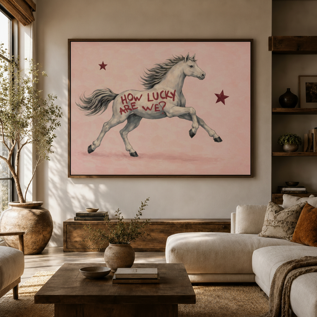How Lucky Are We white horse canvas wall art above console in bright Japandi living room white sofa