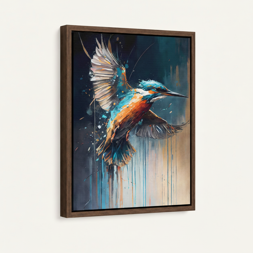 Float-framed kingfisher bird canvas print in dark walnut frame on white background