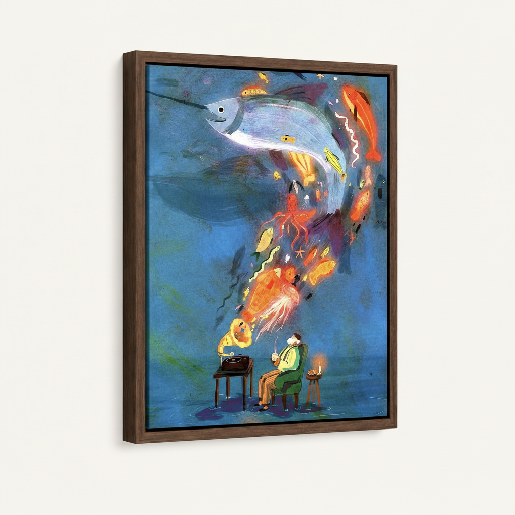 Man listening to gramophone with swirling sea creatures surrealist canvas print in walnut floating frame on white background