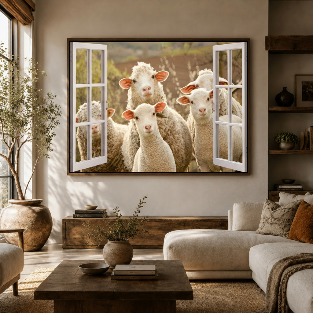 Curious sheep peeking window farmhouse canvas wall art above console in bright Japandi living room