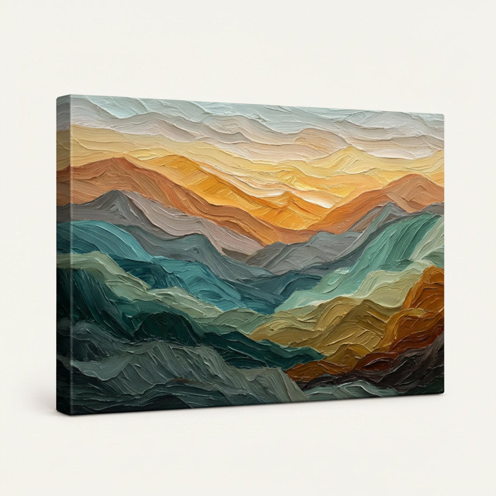 Gallery-wrapped mountain landscape impasto canvas print, side angle showing deep dark canvas wrap depth