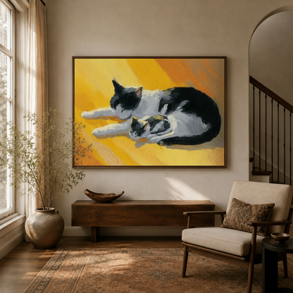 Framed sleeping cats impressionist canvas wall art in bright entryway with staircase and armchair