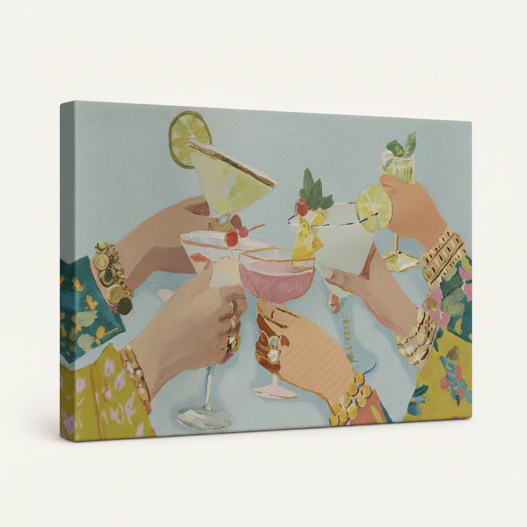 Gallery-wrapped cocktail illustration canvas print, angled view showing wrap edges on white background