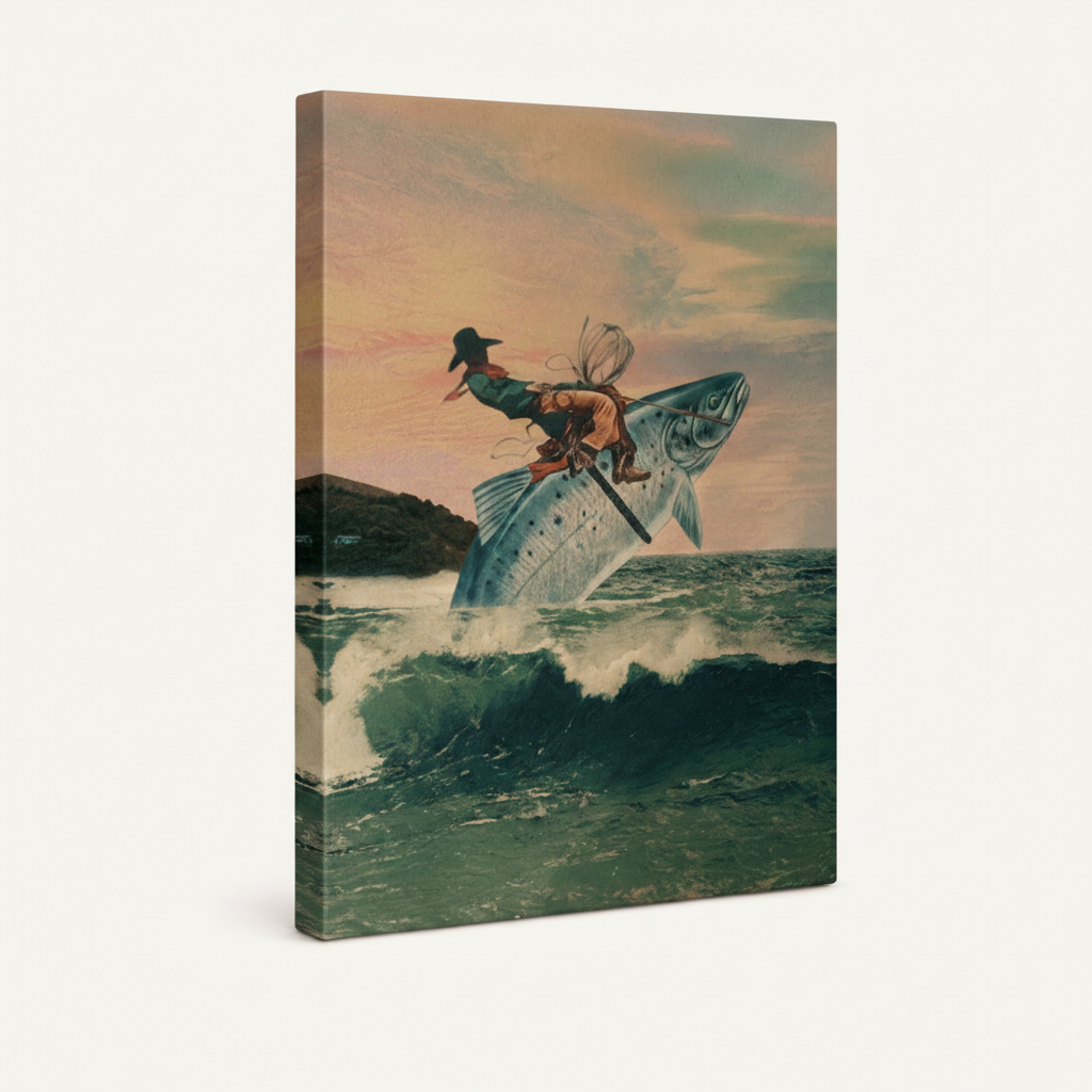 Gallery-wrapped vintage surrealist canvas showing cowboy riding leaping fish over ocean waves, angled side view on white