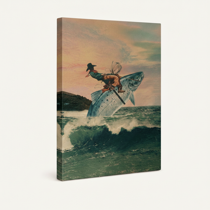 Gallery-wrapped vintage surrealist canvas showing cowboy riding leaping fish over ocean waves, angled side view on white