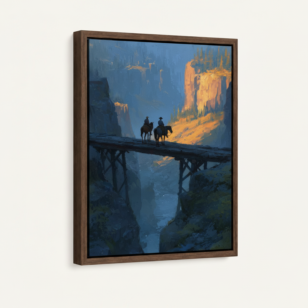 Walnut floating frame canvas print front view cowboys on bridge over canyon at twilight