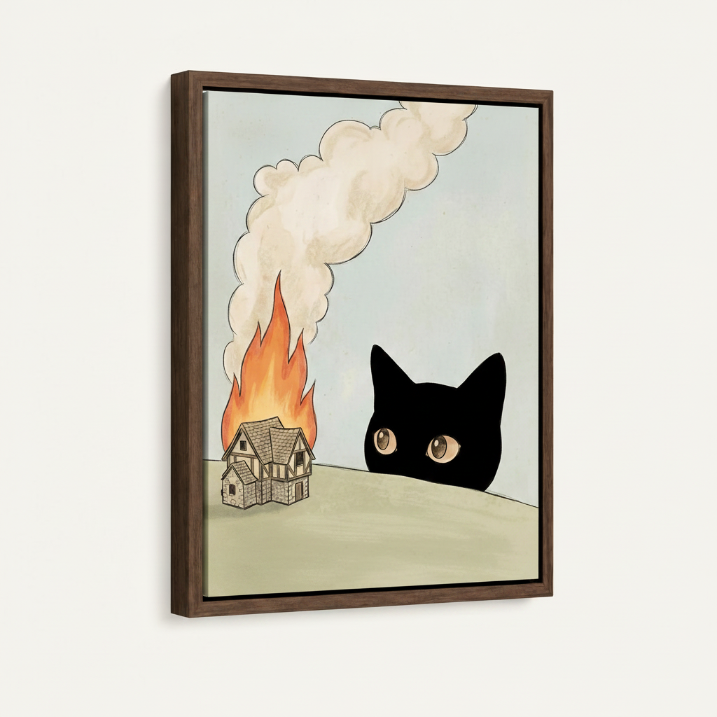 Framed funny cat burning house canvas print, minimalist humor wall art product shot