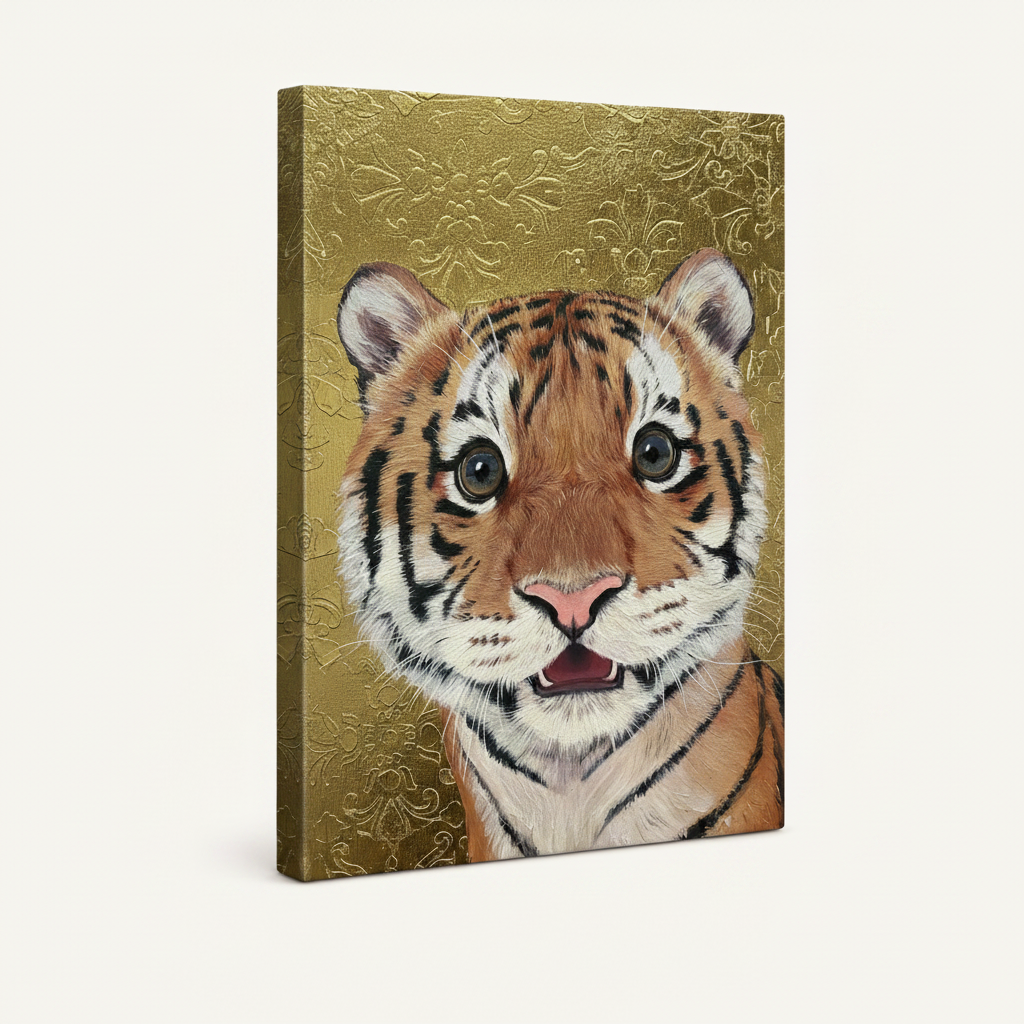 Gallery-wrapped tiger cub canvas art at three-quarter angle highlighting thick frameless edges
