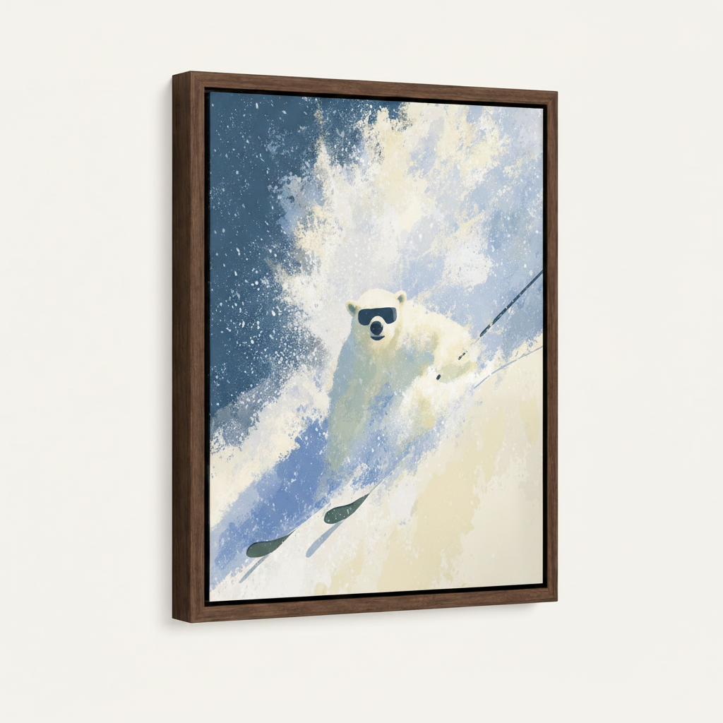 Polar bear skiing watercolor canvas in dark walnut frame front view product shot