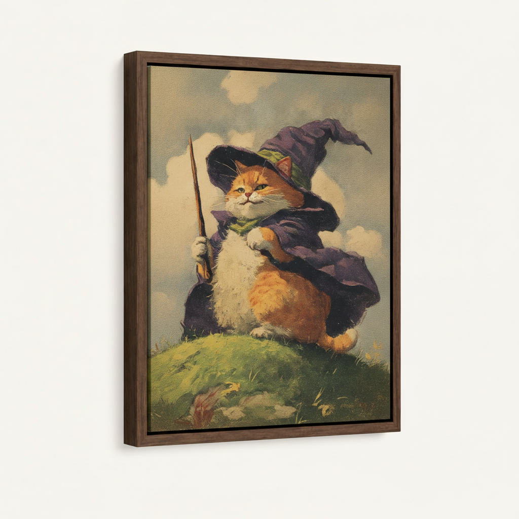 Framed canvas angled view of chubby orange cat in purple wizard robe holding wand on green hill
