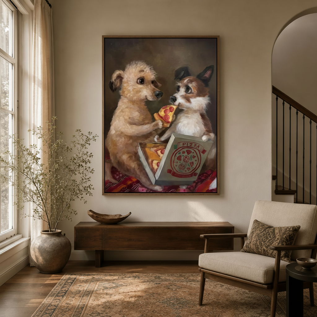 Poodle and cat pizza canvas wall art hung in warm entryway above walnut console with dried branch vase
