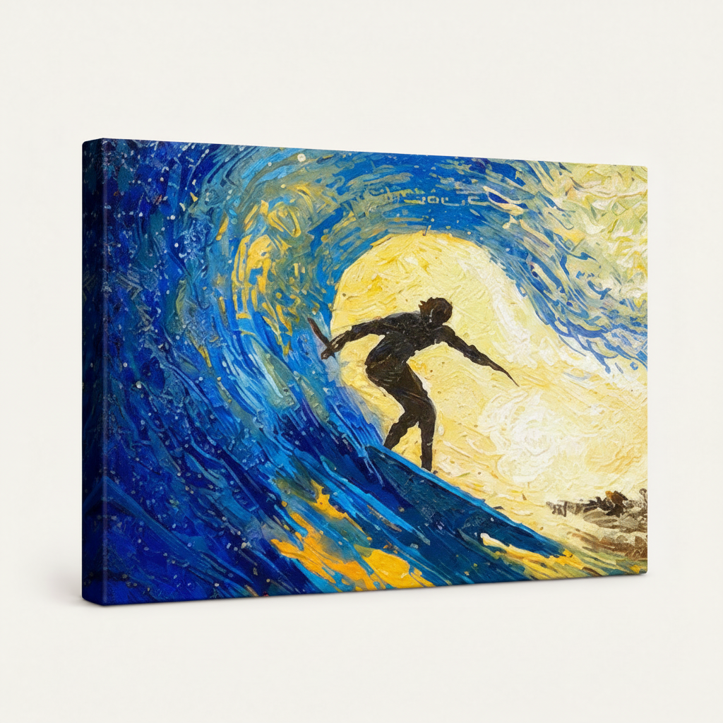Gallery-wrapped Van Gogh style surfer wave canvas wall art angled product view on white background