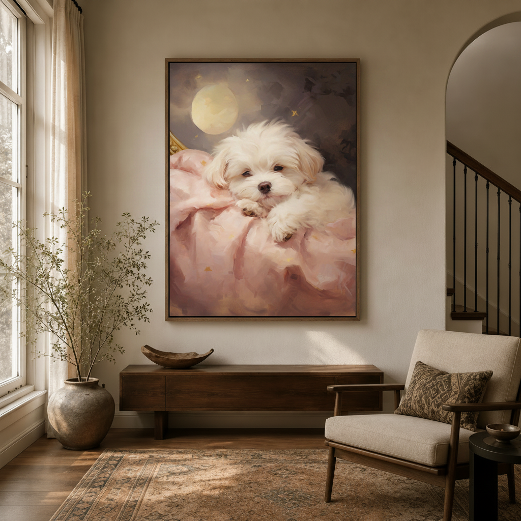 Elegant white Maltese puppy moon canvas wall art displayed in entryway with dark wood console