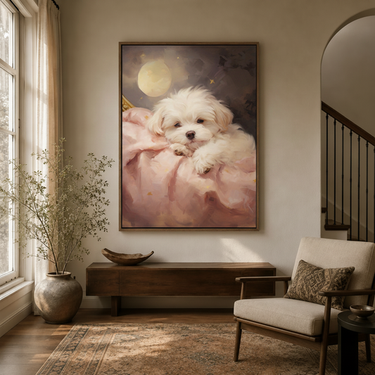 Elegant white Maltese puppy moon canvas wall art displayed in entryway with dark wood console