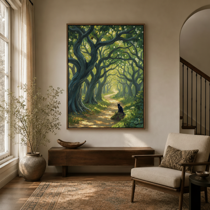 Black cat winding forest path canvas displayed above console in bright entryway with Persian rug and arched doorway