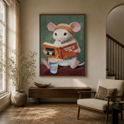 Funny white mouse gym rat canvas wall art displayed in elegant entryway with dark wood console