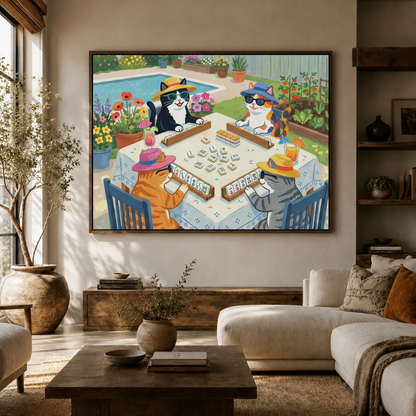 Cats mahjong garden party cartoon canvas wall art above console in bright Japandi living room white sofa