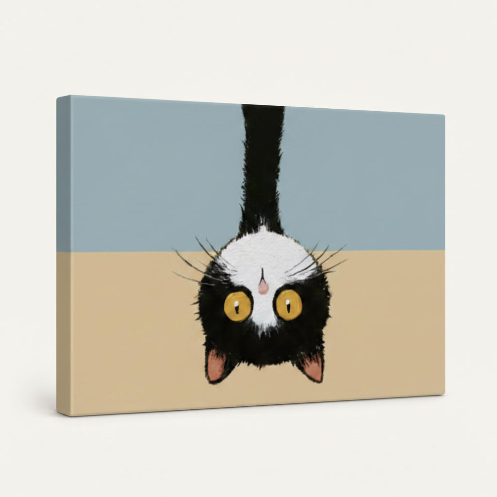 Gallery-wrapped canvas wall art with a funny upside-down tuxedo cat and bold amber eyes on a two-tone background