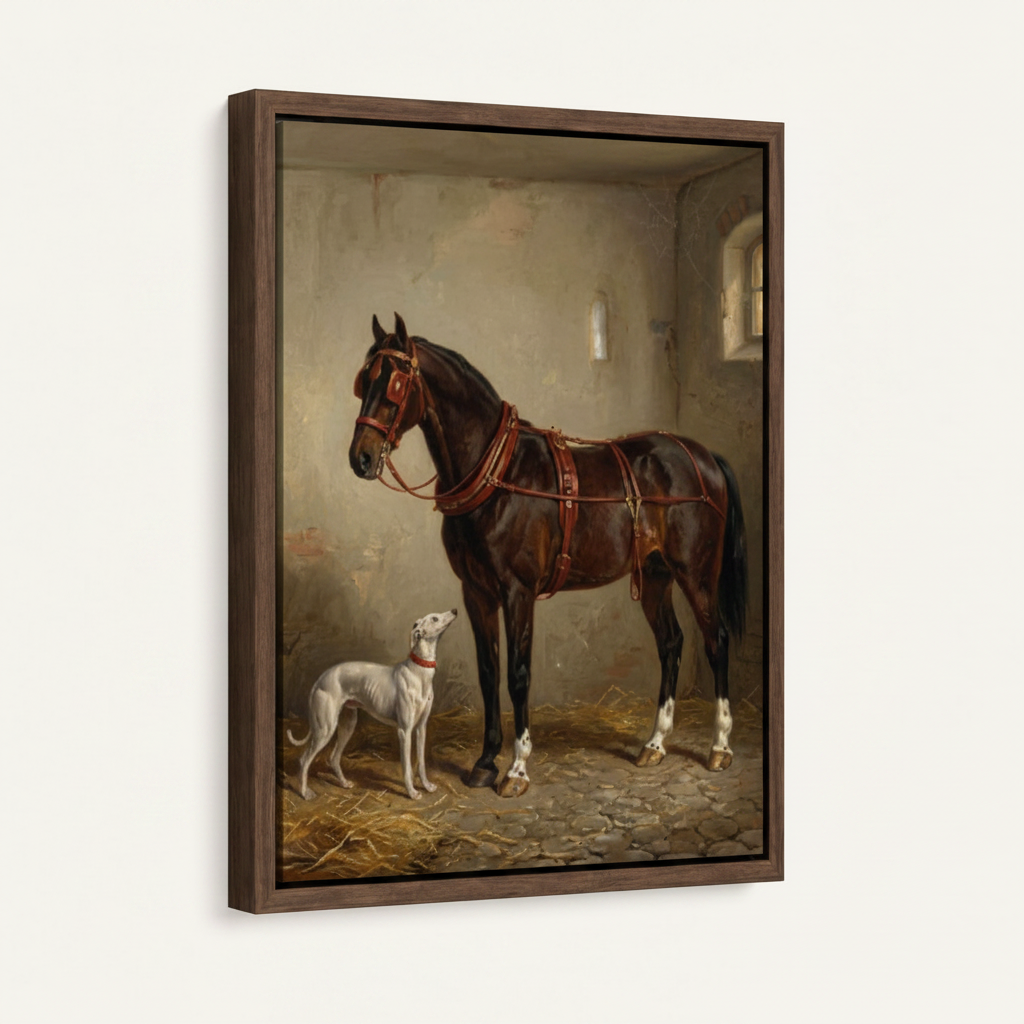 Float-framed classical equestrian canvas print in dark walnut frame on white background