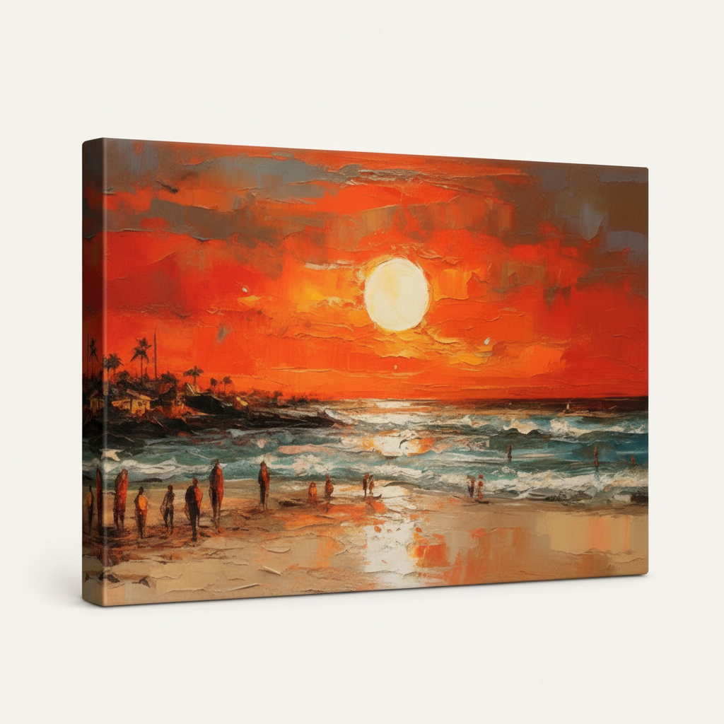 Frameless gallery-wrapped beach sunset canvas showing wrap depth at 45-degree angle on off-white background