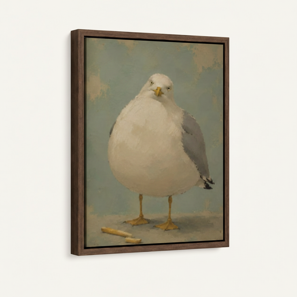 Chubby seagull bird art print in dark walnut floater frame shown at angle on light beige background