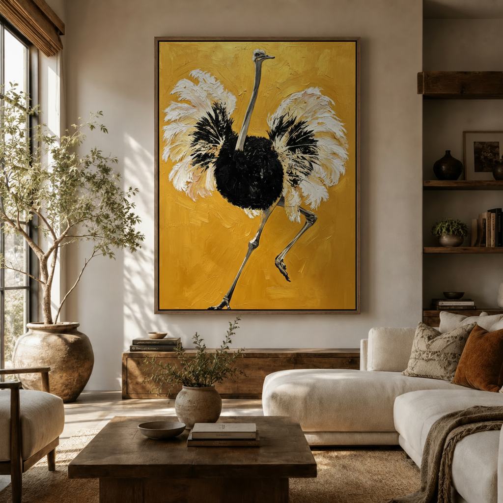 Large ostrich canvas wall art in living room with white sofa, terracotta vase, and natural light