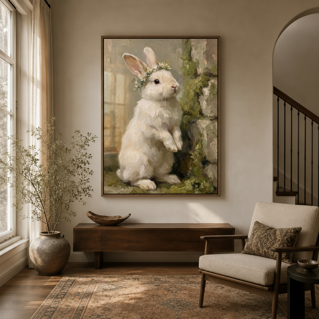 Classic pastoral rabbit flower crown impasto canvas in walnut float frame in bright modern entryway