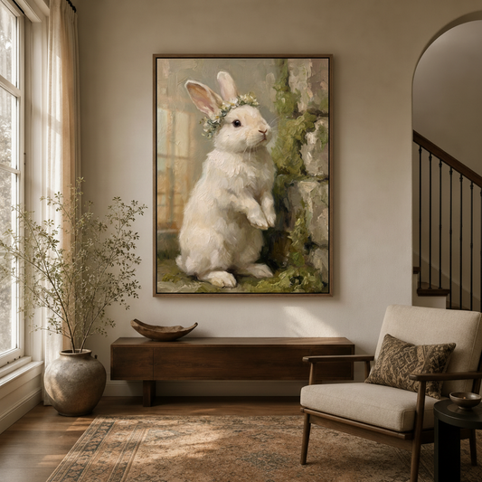 Classic pastoral rabbit flower crown impasto canvas in walnut float frame in bright modern entryway