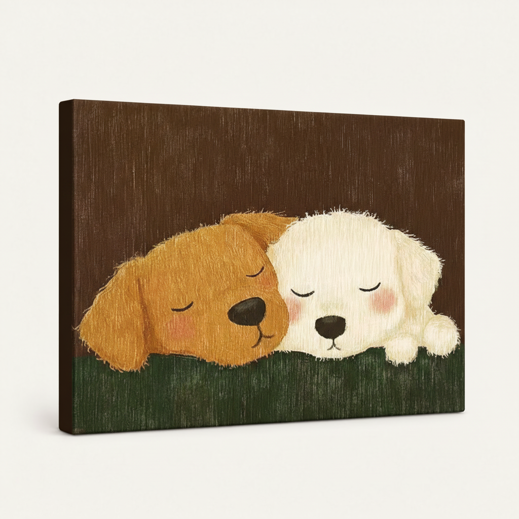 Gallery-wrapped canvas of illustrated sleeping puppies, side angle showing canvas depth and wrap
