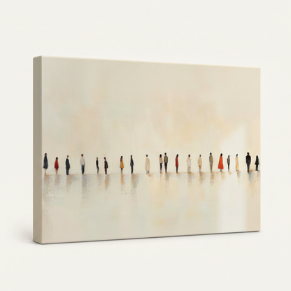 Gallery-wrapped minimalist figures canvas print with cream side edges, angled on white background