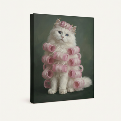 Gallery-wrapped canvas of a whimsical fluffy cat in curlers, side view showing canvas depth, white background