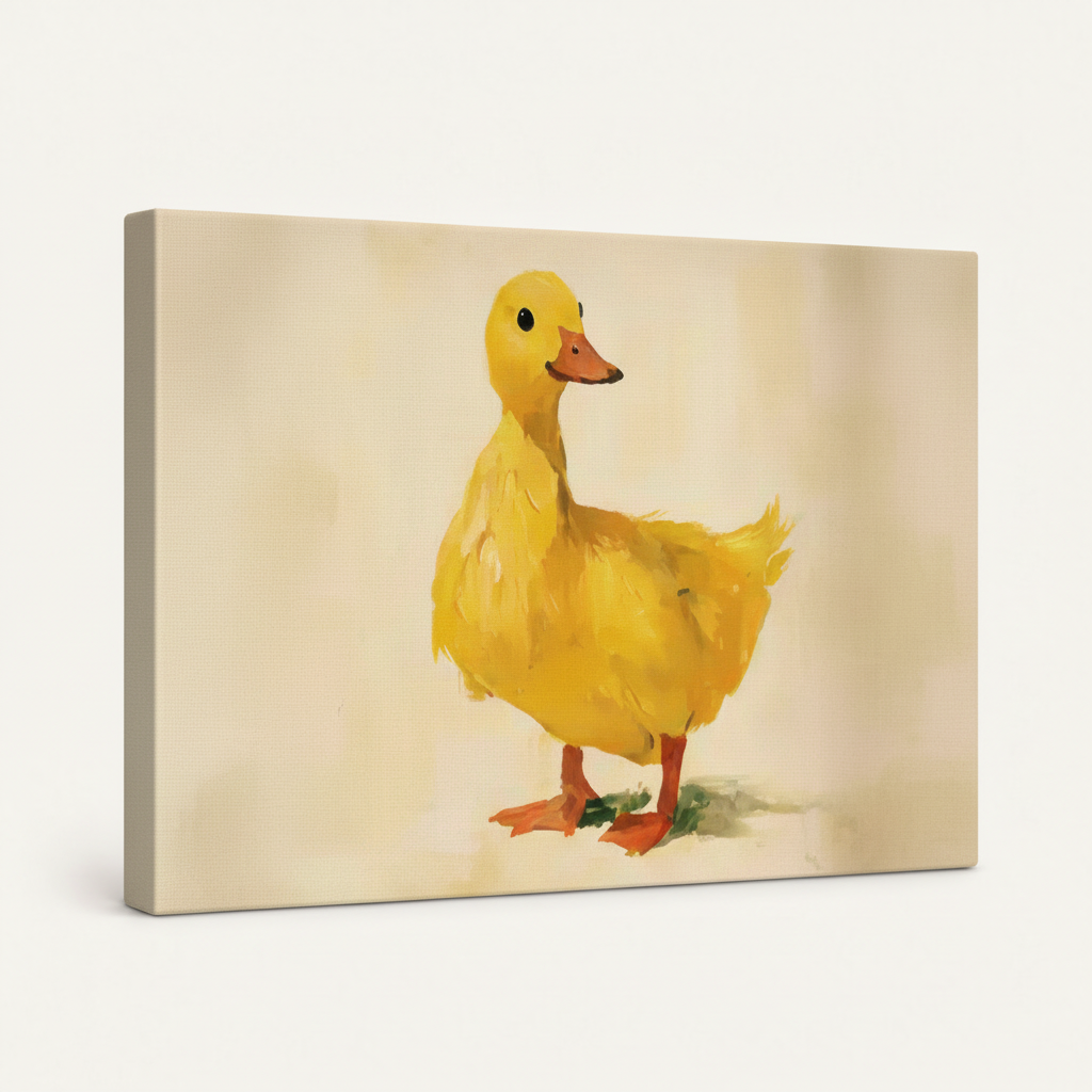 Angled gallery-wrapped yellow duck canvas showing painterly artwork across frameless edges