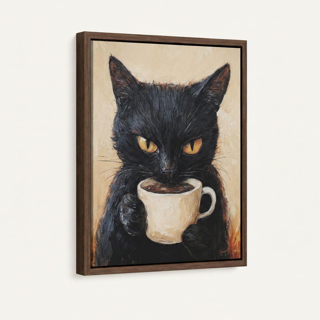 Black cat oil painting in dark walnut float frame product shot angled view on white background