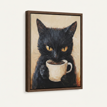 Black cat oil painting in dark walnut float frame product shot angled view on white background