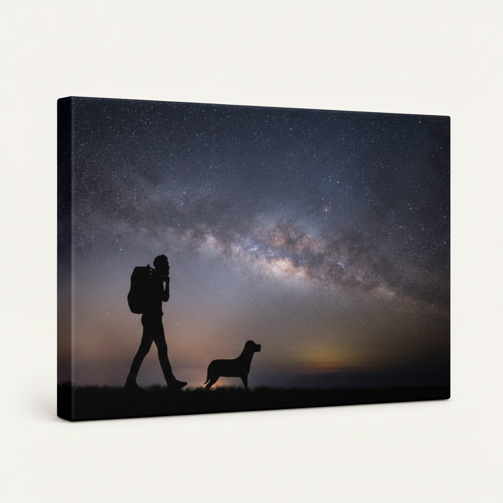 Gallery-wrapped night sky canvas showing hiker and dog under starry galaxy, angled view on white background