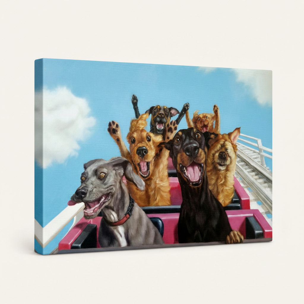 Gallery wrapped funny dogs oil painting canvas print side angle view on white background