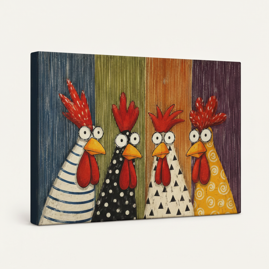 Gallery-wrapped colorful rooster canvas print showing thick wrap edge at 45-degree angle on white background