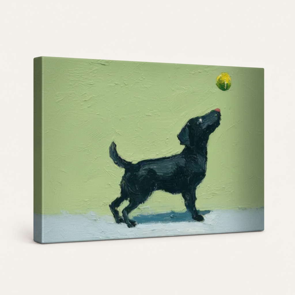Gallery-wrapped black Labrador canvas print on white background showing canvas depth and chartreuse green sides