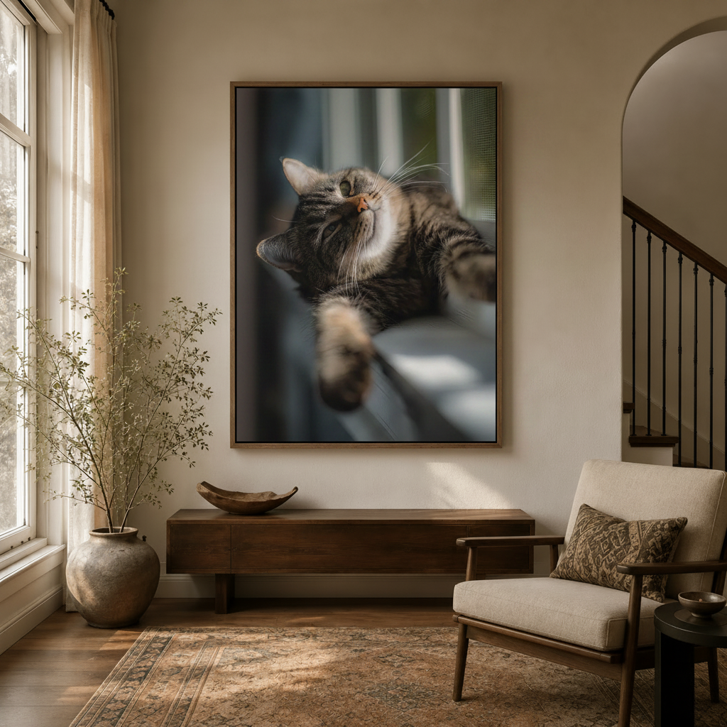 Close-up tabby cat sunbathing photo canvas wall art displayed in elegant entryway with dark console