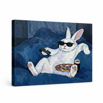 Gallery-wrapped canvas of funny bunny oil painting, side angle showing canvas depth and brushwork