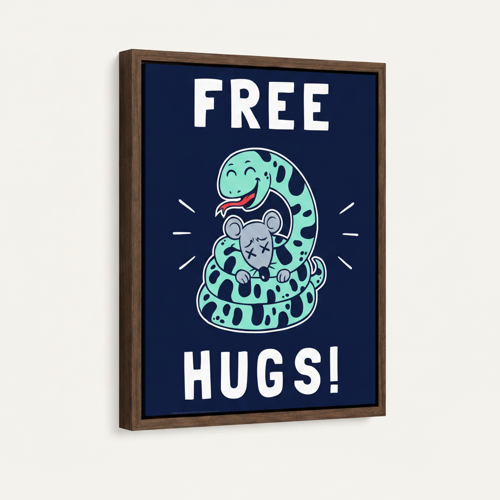 Framed funny snake Free Hugs canvas print in dark walnut floating frame on white background