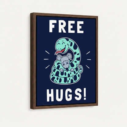 Framed funny snake Free Hugs canvas print in dark walnut floating frame on white background