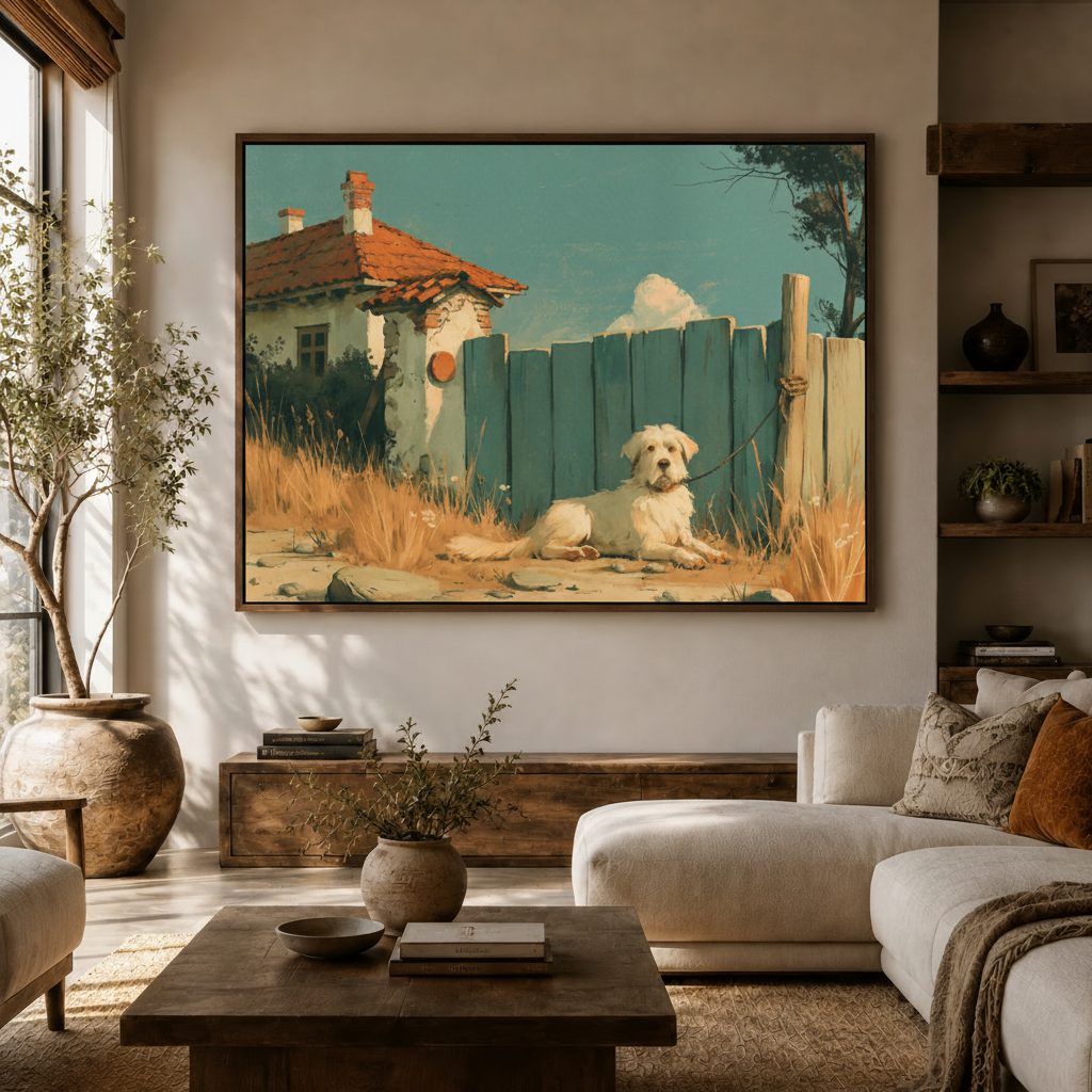 White dog countryside canvas wall art above console in bright Japandi living room with white sofa