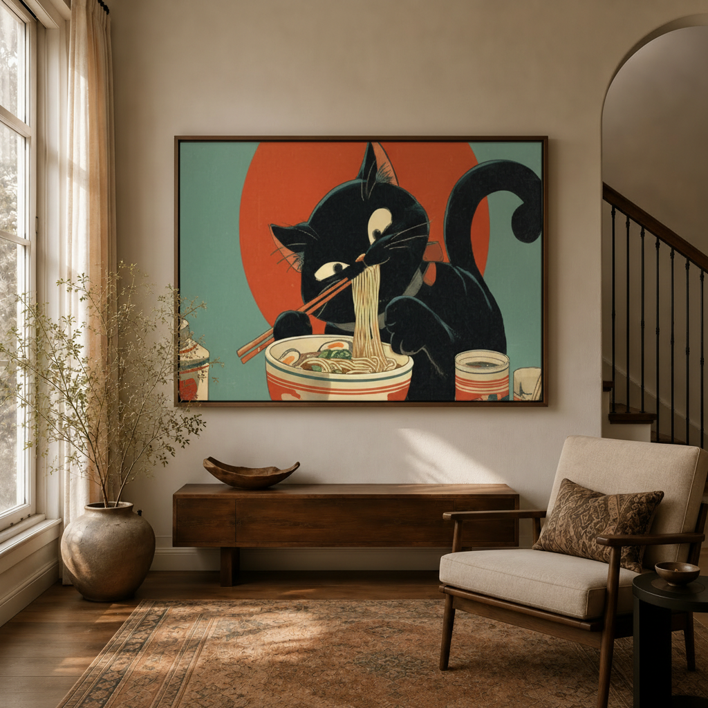 Black cat eating ramen Japanese canvas wall art in warm entryway with staircase