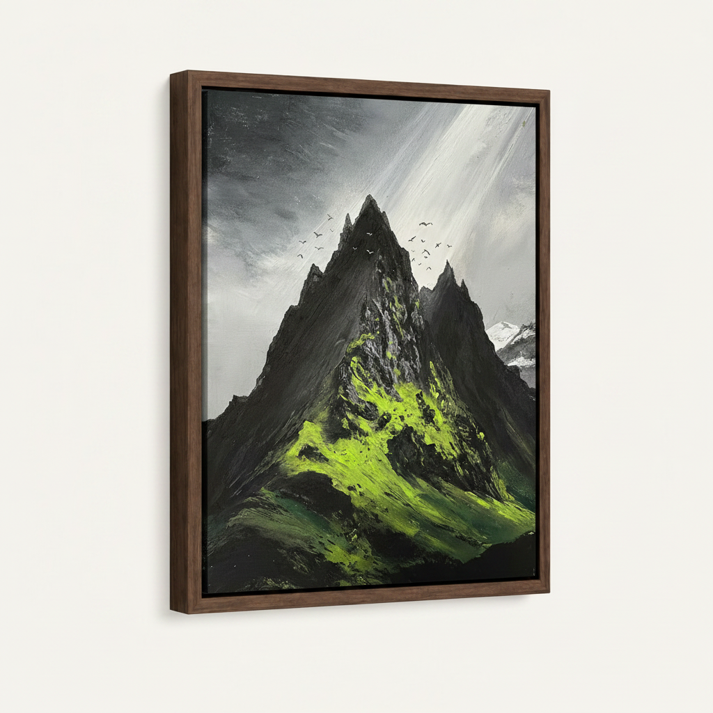 Framed dramatic landscape canvas art in dark walnut float frame, angled product view