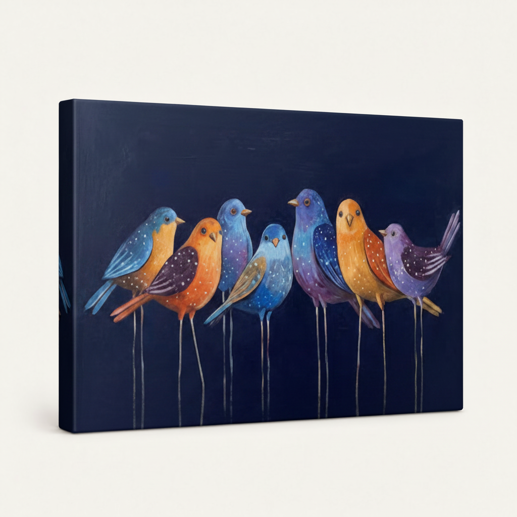 Gallery-wrapped canvas featuring whimsical colorful birds, angled view showing wrapped edges on white background